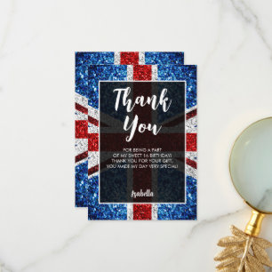 UK flag red blue white sparkles elegant Sweet 16 Thank You Card