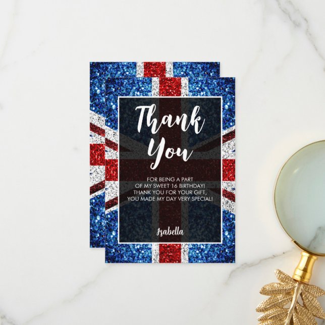 UK flag red blue white sparkles elegant Sweet 16 Thank You Card (Front/Back In Situ)