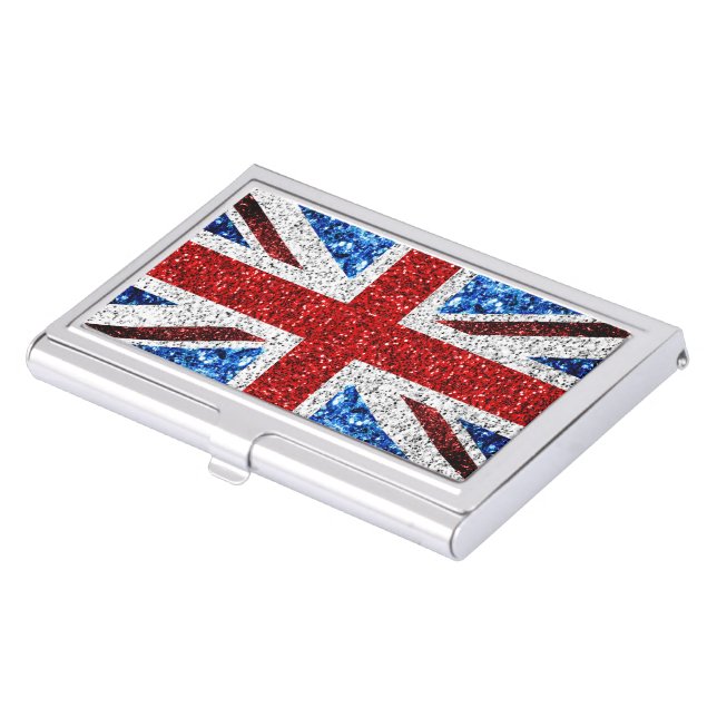 UK flag red blue white sparkles glitters Business Card Case (Front)