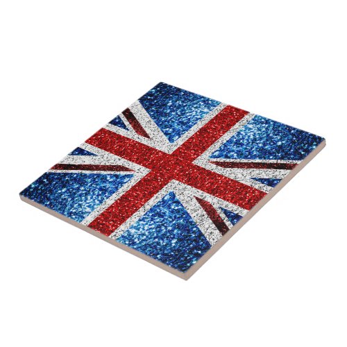 UK flag red blue white sparkles glitters Ceramic Tile