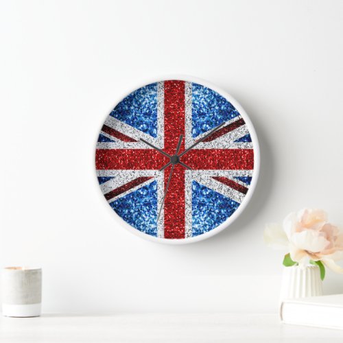UK flag red blue white sparkles glitters Clock