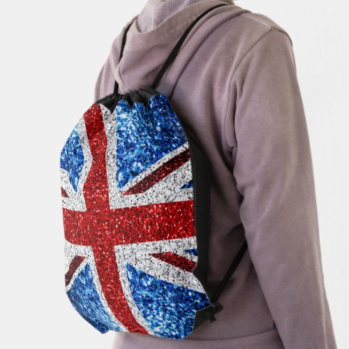 UK flag red blue white sparkles glitters Drawstring Bag