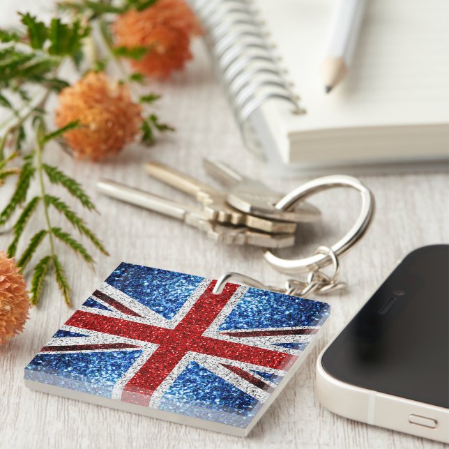 UK flag red blue white sparkles glitters Keychain (Front Right)