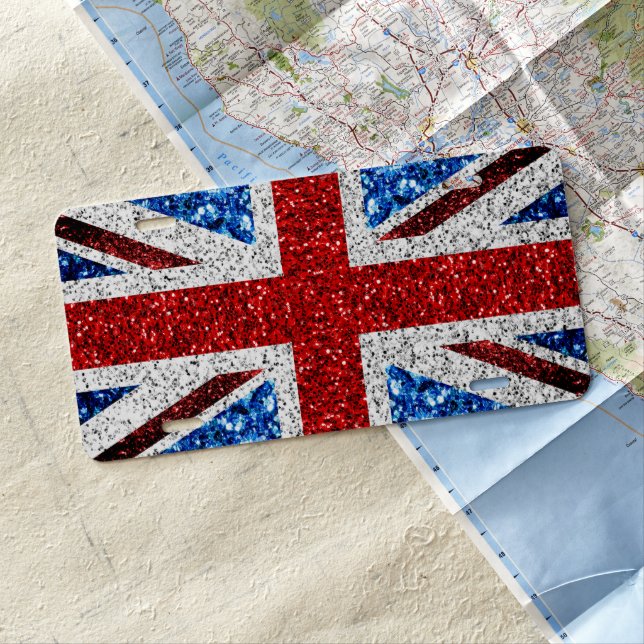 UK flag red blue white sparkles glitters License Plate (In Situ)