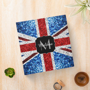 UK flag red blue white sparkles glitters Monogram 3 Ring Binder