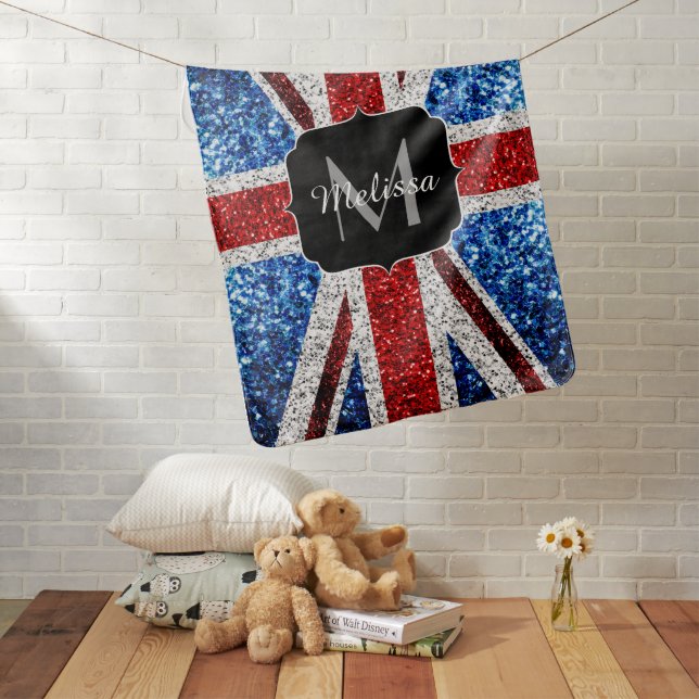 UK flag red blue white sparkles glitters Monogram Baby Blanket (In Situ)