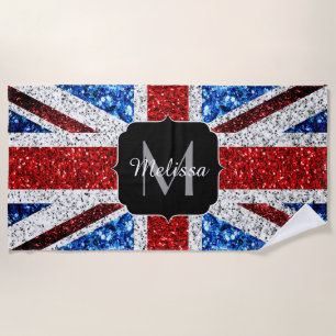 UK flag red blue white sparkles glitters Monogram Beach Towel