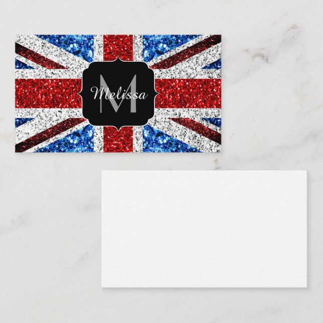 UK flag red blue white sparkles glitters Monogram Business Card (Front/Back)