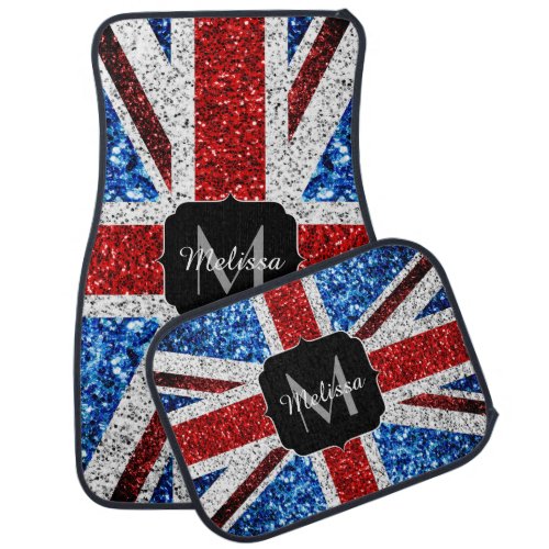 UK flag red blue white sparkles glitters Monogram Car Floor Mat