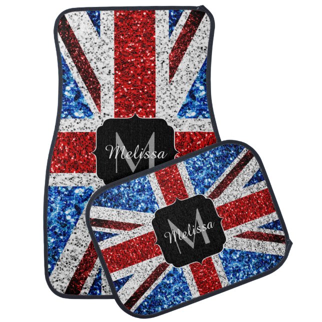 UK flag red blue white sparkles glitters Monogram Car Floor Mat (Set)