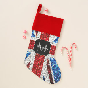 UK flag red blue white sparkles glitters Monogram Christmas Stocking