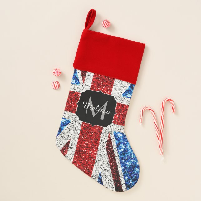 UK flag red blue white sparkles glitters Monogram Christmas Stocking (Front)