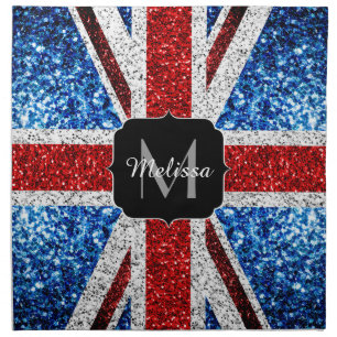 UK flag red blue white sparkles glitters Monogram Cloth Napkin