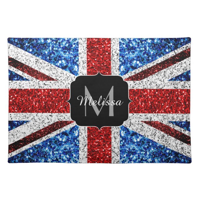 UK flag red blue white sparkles glitters Monogram Cloth Placemat (Front)