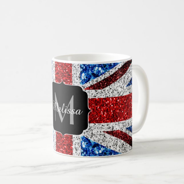 UK flag red blue white sparkles glitters Monogram Coffee Mug (Front Right)