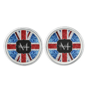 UK flag red blue white sparkles glitters Monogram Cufflinks