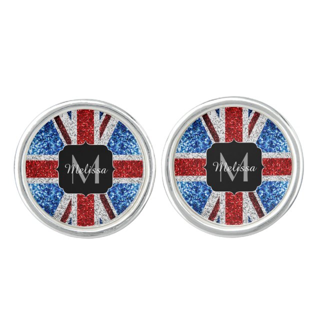 UK flag red blue white sparkles glitters Monogram Cufflinks (Front)