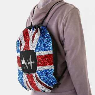 UK flag red blue white sparkles glitters Monogram Drawstring Bag