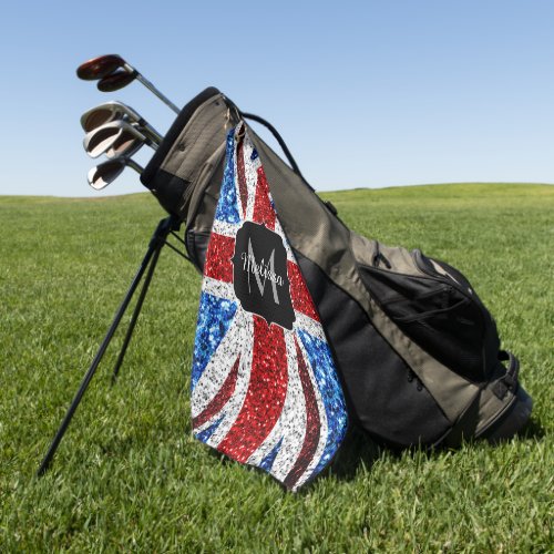 UK flag red blue white sparkles glitters Monogram Golf Towel