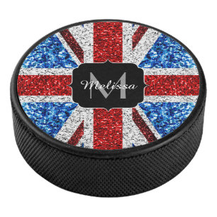 UK flag red blue white sparkles glitters Monogram Hockey Puck