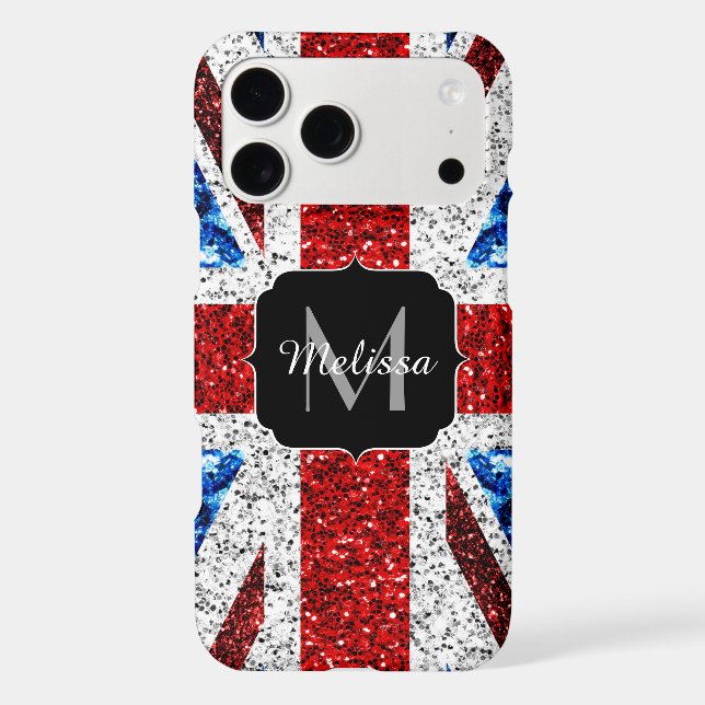 UK flag red blue white sparkles glitters Monogram iPhone Case (Back)