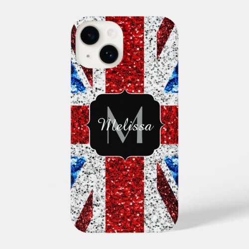 UK flag red blue white sparkles glitters Monogram iPhone 14 Case