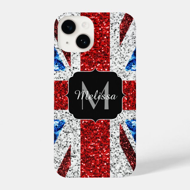 UK flag red blue white sparkles glitters Monogram iPhone Case (Back)