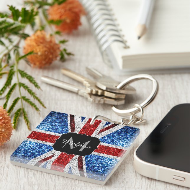 UK flag red blue white sparkles glitters Monogram Keychain (Front Right)