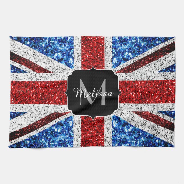 UK flag red blue white sparkles glitters Monogram Kitchen Towel (Horizontal)