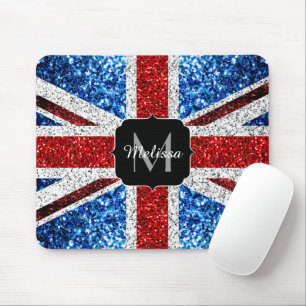 UK flag red blue white sparkles glitters Monogram Mouse Pad
