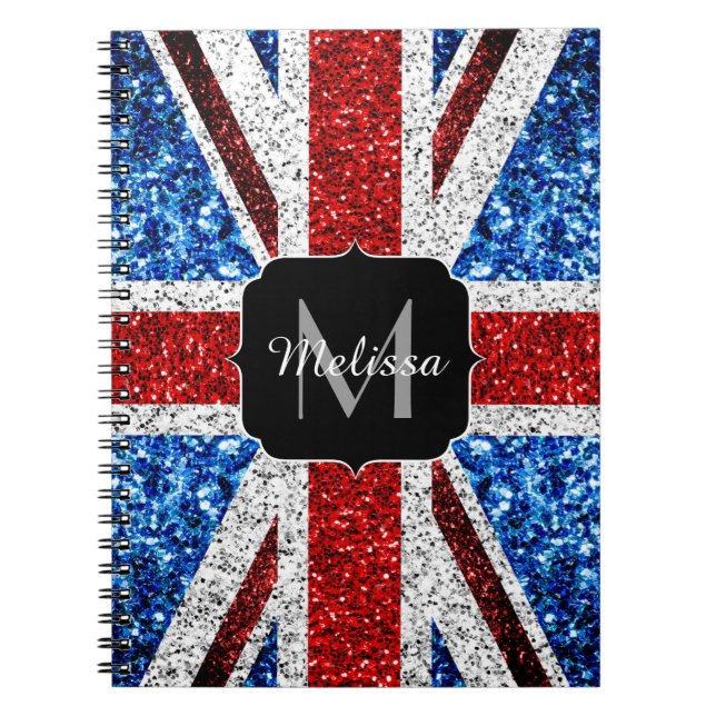 UK flag red blue white sparkles glitters Monogram Notebook (Front)