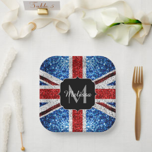 UK flag red blue white sparkles glitters Monogram Paper Plates