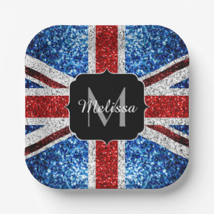 UK flag red blue white sparkles glitters Monogram Paper Plates