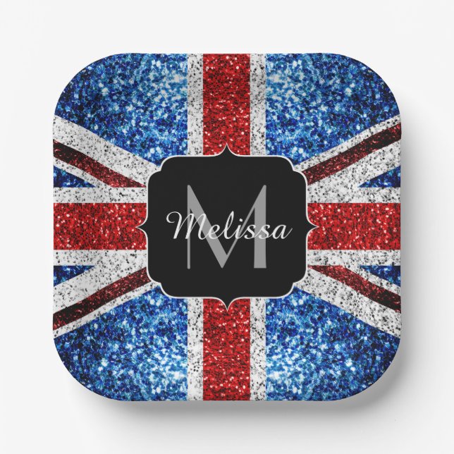 UK flag red blue white sparkles glitters Monogram Paper Plates (Front)