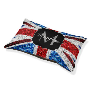 UK flag red blue white sparkles glitters Monogram Pet Bed