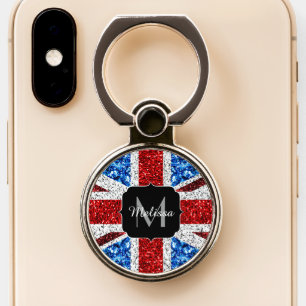 UK flag red blue white sparkles glitters Monogram Phone Ring Stand