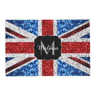 UK flag red blue white sparkles glitters Monogram Placemat