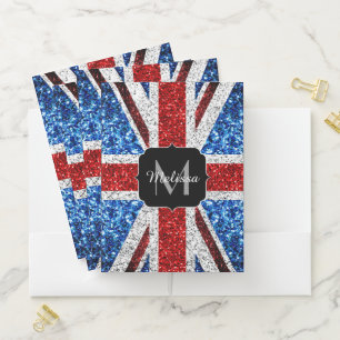 UK flag red blue white sparkles glitters Monogram Pocket Folder