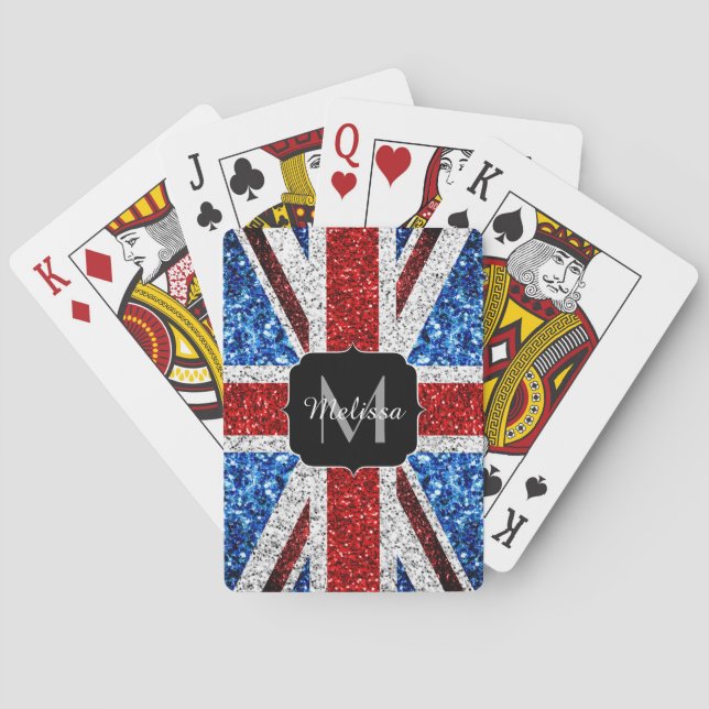 UK flag red blue white sparkles glitters Monogram Poker Cards (Back)