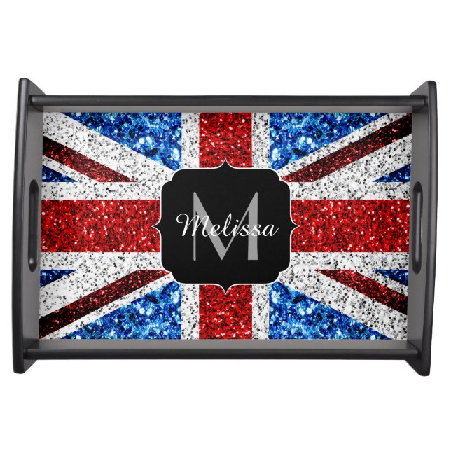 UK flag red blue white sparkles glitters Monogram Serving Tray (Front)