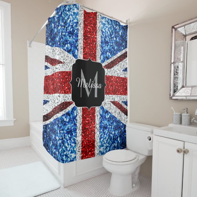 UK flag red blue white sparkles glitters Monogram Shower Curtain (In Situ)