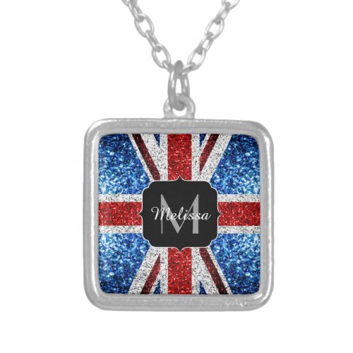 UK flag red blue white sparkles glitters Monogram Silver Plated Necklace