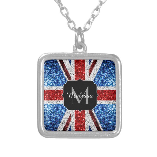 UK flag red blue white sparkles glitters Monogram Silver Plated Necklace (Front)