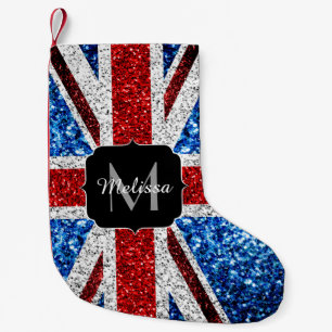 UK flag red blue white sparkles glitters Monogram Small Christmas Stocking