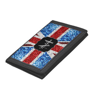 UK flag red blue white sparkles glitters Monogram Trifold Wallet