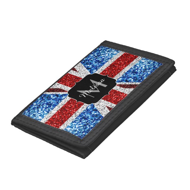 UK flag red blue white sparkles glitters Monogram Trifold Wallet (Bottom)