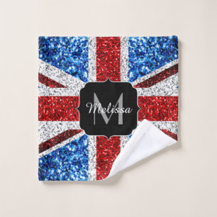 UK flag red blue white sparkles glitters Monogram Wash Cloth