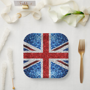 UK flag red blue white sparkles glitters Paper Plates