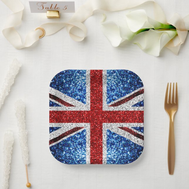 UK flag red blue white sparkles glitters Paper Plates (Wedding)