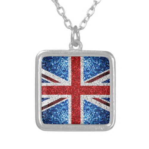 UK flag red blue white sparkles glitters Silver Plated Necklace